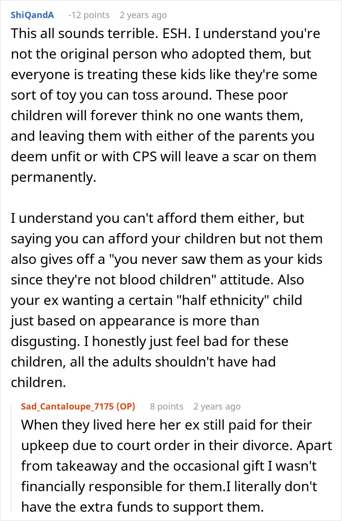 Reddit discussion about mom of six trying to dump adopted kids on ex during divorce and CPS involvement concerns.