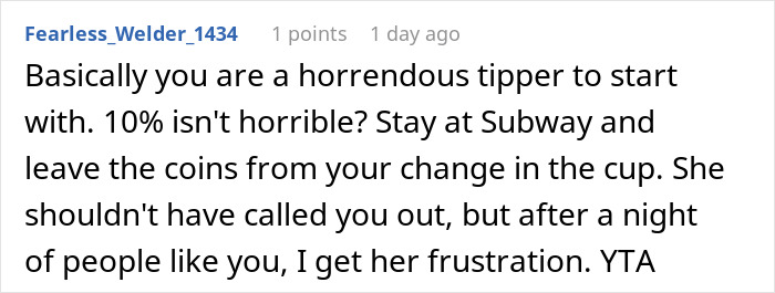 Comment criticizing a man for being a bad tipper after a waitress shamed him loudly in a restaurant.