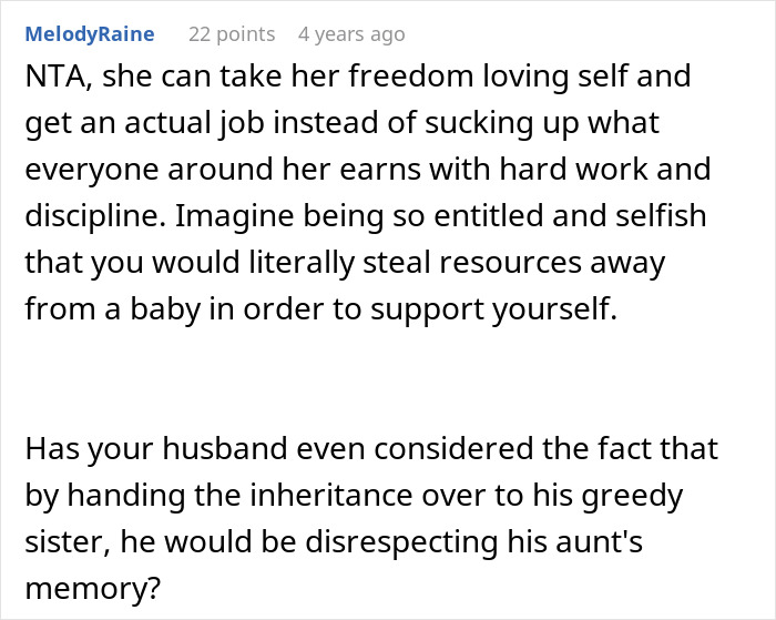Comment criticizing husband for promising daughter's inheritance to freeloader sister, causing wife’s anger and upset. - 28