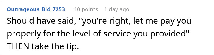 Screenshot of a Reddit comment discussing a man taking back his tip after a waitress loudly shamed him.