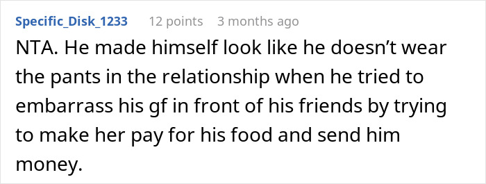 Screenshot of a forum comment discussing a boyfriend getting mad when his girlfriend refuses to pay in front of friends. - 31