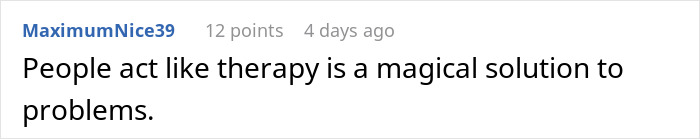 Screenshot of an online comment discussing skepticism about therapy as a solution to problems.