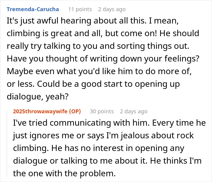 Screenshot of a Reddit conversation about a mom feeling like she failed as her marriage suffers due to husband's new hobby.