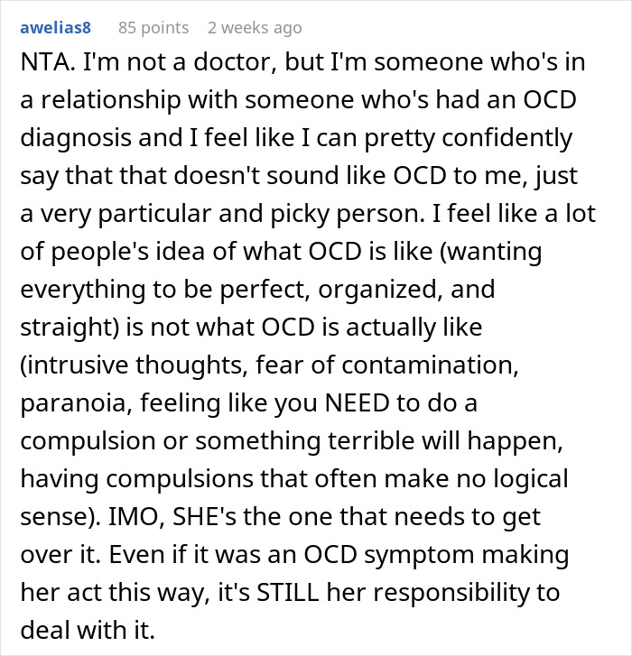 Reddit comment discussing roommate&rsquo;s OCD reaction to Jewish traditions and personal responsibility in managing symptoms.