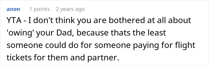 Screenshot of online discussion where a user comments about a woman swapping seats to avoid babysitting her little sister during a dad-paid trip.