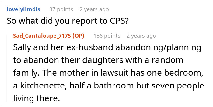 Commenter asks what was reported to CPS and a detailed reply explains parents abandoning daughters in cramped living conditions.