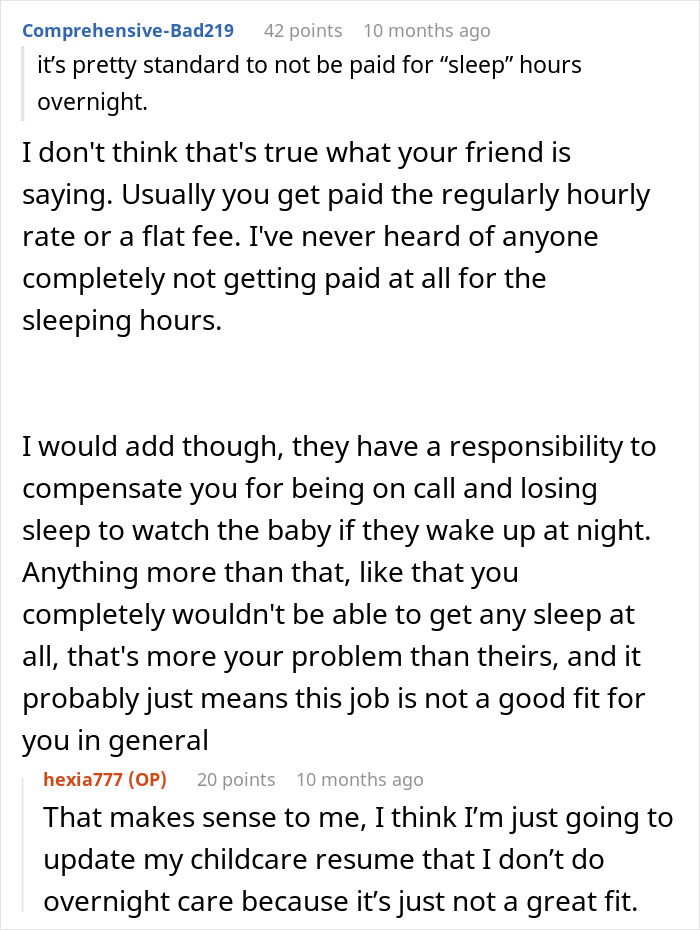 Nanny disputes pay for overnight hours, discussing compensation concerns and challenges of working extended overnight shifts. - 13