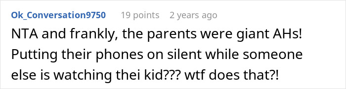 Screenshot of a comment discussing concerns about family blacklisted local babysitters and parental responsibility.