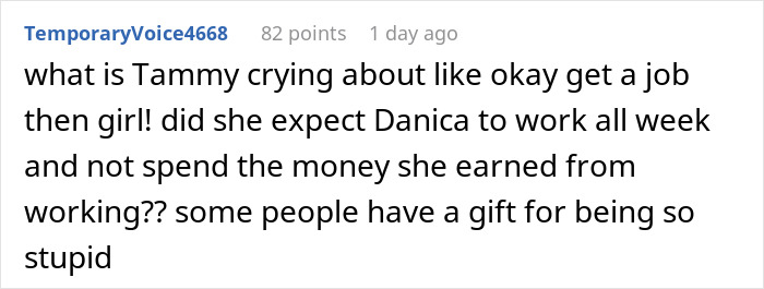 Screenshot of a Reddit comment criticizing Tammy for being upset about a 21YO spending her hard-earned money on a family vacation.