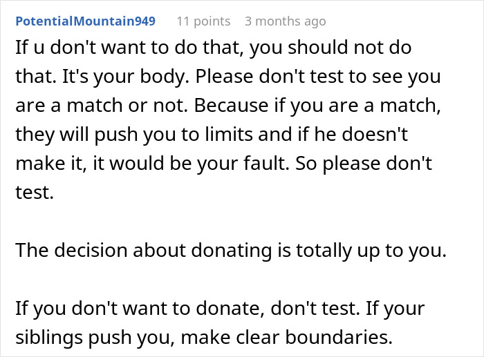 Screenshot of an online comment advising against donating an organ to a father who caused childhood trauma.