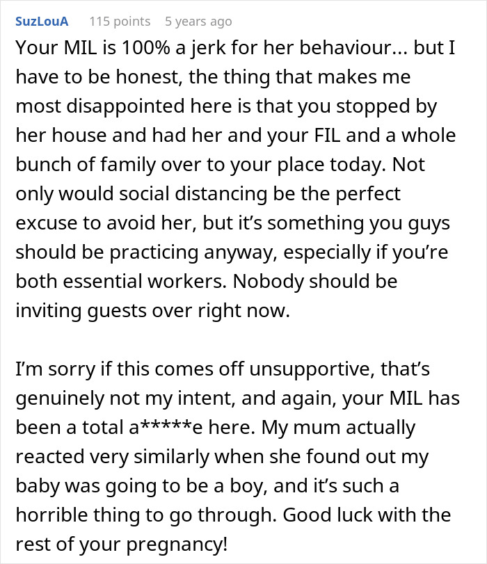 Screenshot of a Reddit comment discussing MIL behavior and issues related to a gender reveal event.