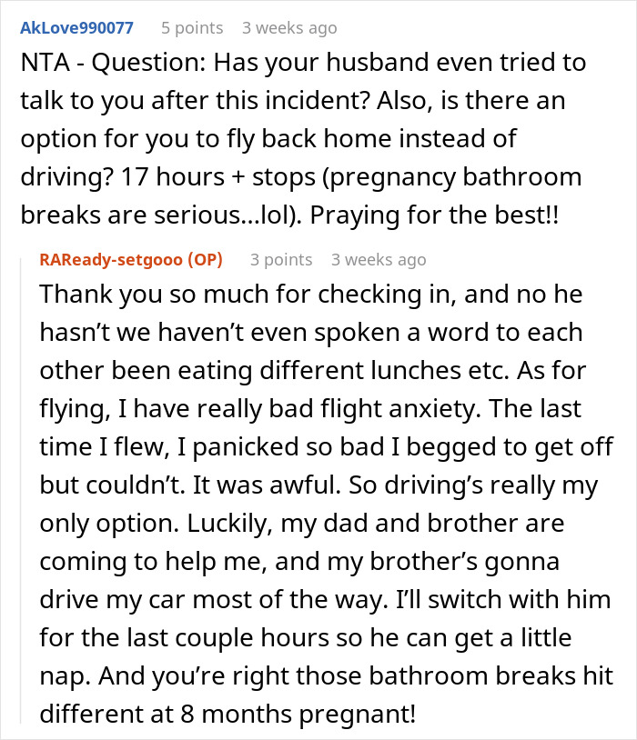 Reddit conversation about husband and family conflict after pregnant woman refuses to babysit niblings.