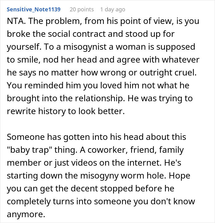 Screenshot of a Reddit comment discussing a husband's view on baby trap and a wife's strong reality check response.