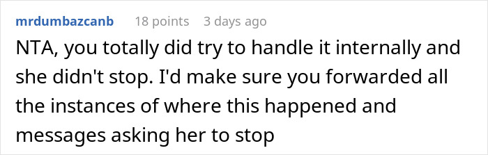 Screenshot of a Reddit comment discussing a worker labeled a snitch after complaining to HR about team lead issues. Screenshot of a Reddit comment discussing a worker labeled a snitch after complaining to HR about team lead issues.