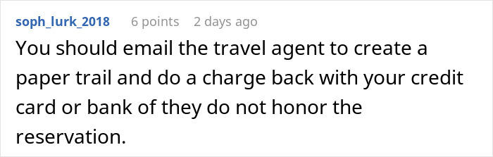 Screenshot of a forum comment advising to email the travel agent to protect a resort room reservation from cancellation. - 29