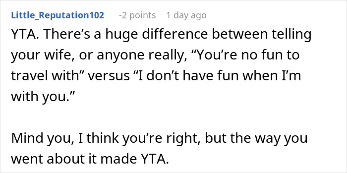 Reddit comment discussing a wife’s weird quirk that made traveling difficult, leading to divorce filing. - 47