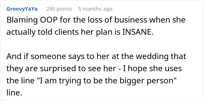 Screenshot of a social media comment discussing a bride telling her MOH bestie to lose 30 pounds before the wedding. Screenshot of a social media comment discussing a bride telling her MOH bestie to lose 30 pounds before the wedding.