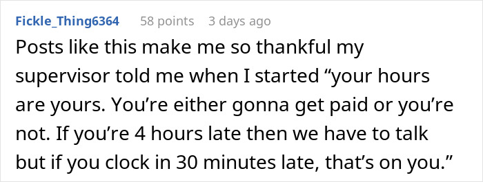 Screenshot of a Reddit comment discussing penalty fairness for being minutes or hours late to work.