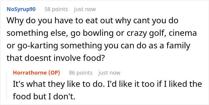 Screenshot of a family discussion about parents ignoring teen&rsquo;s birthday wishes due to stepkids&rsquo; allergies and food preferences.
