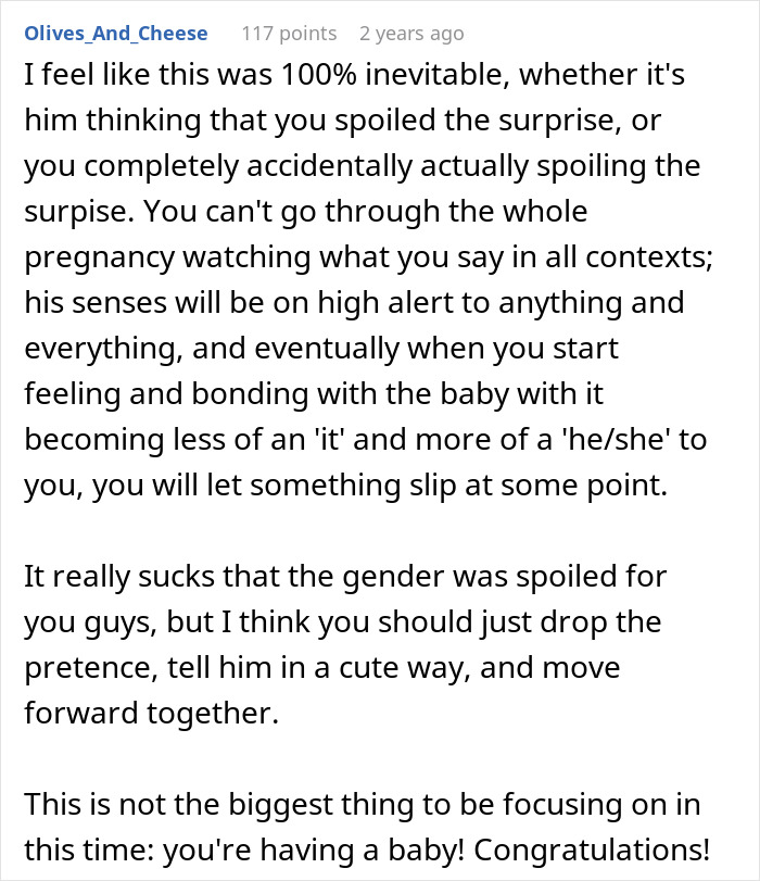Comment discussing husband's reaction and concerns about wife potentially spoiling baby gender surprise during pregnancy.