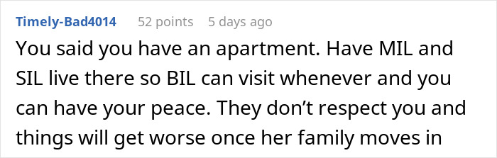Text post from Reddit user Timely-Bad4014 advising on family living arrangements after a man buys wife's childhood home. - 45