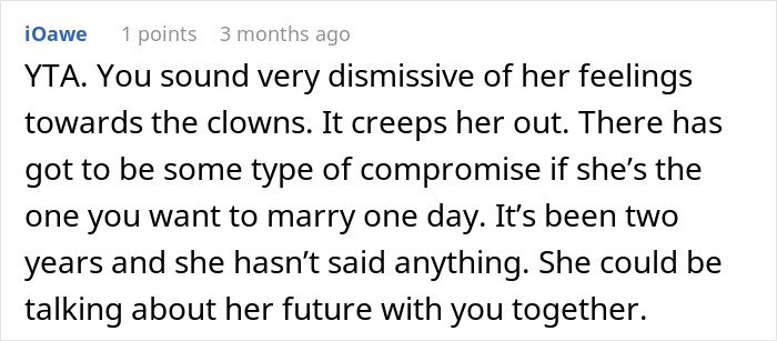 Comment discussing a guy’s huge clown collection and the girlfriend who dislikes it, urging compromise and feelings. Comment discussing a guy’s huge clown collection and the girlfriend who dislikes it, urging compromise and feelings.