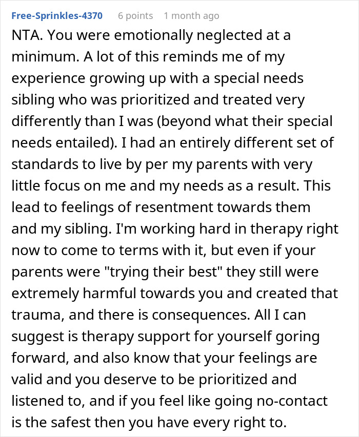 Screenshot of a Reddit comment discussing emotional neglect by parents favoring adopted kids over bio son and resulting trauma. - 52