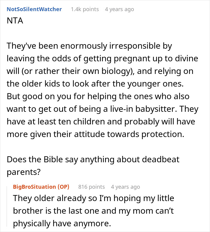 Reddit discussion about 22YO tired babysitting 9 siblings and moving far to avoid parents' demands and responsibilities. - 17