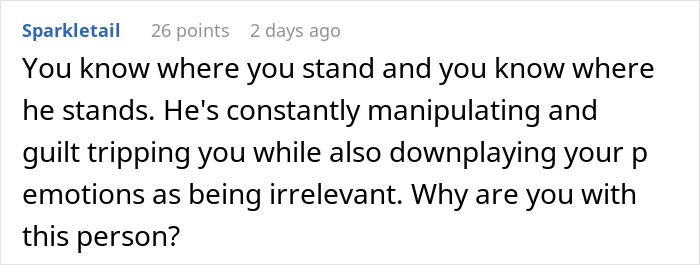 Comment text from Sparkletail discussing manipulation and emotions in a relationship, related to power struggle at wedding. Comment text from Sparkletail discussing manipulation and emotions in a relationship, related to power struggle at wedding.