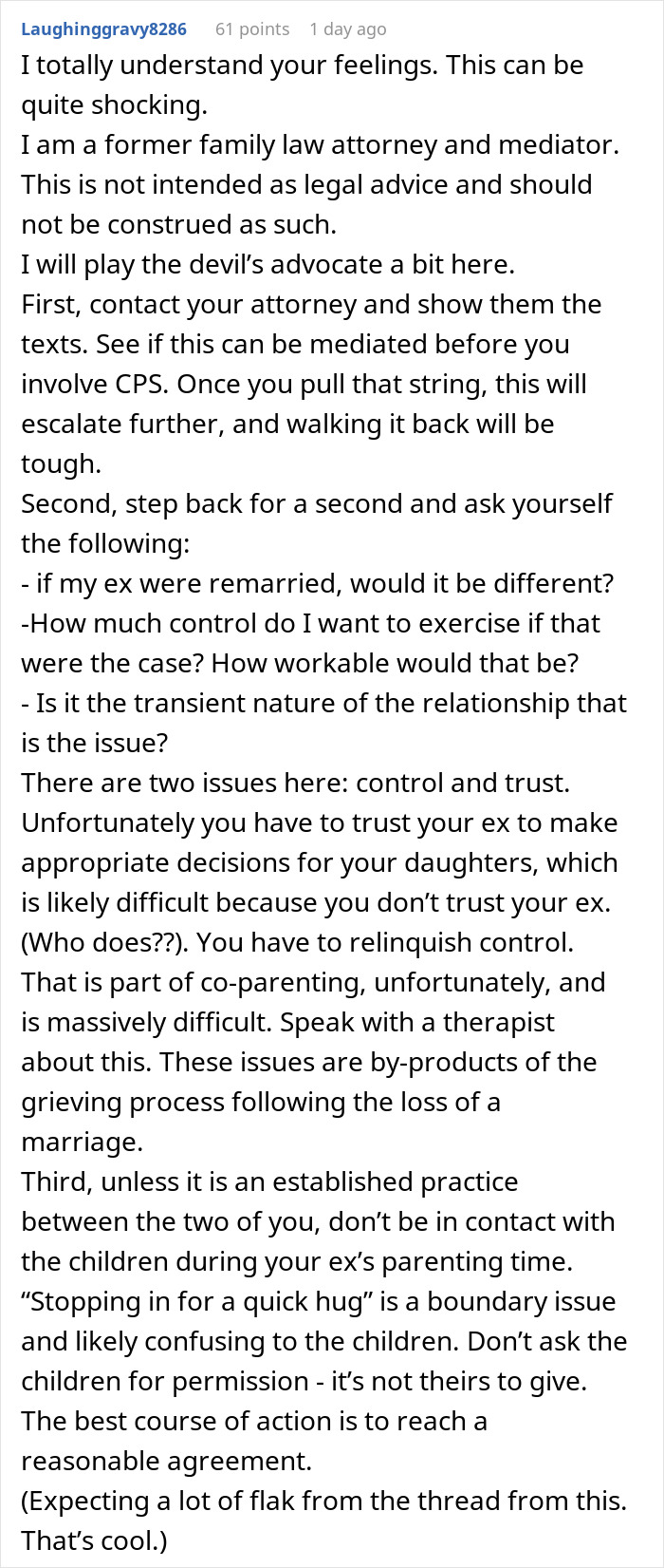 Comment from former family law attorney discussing co-parenting issues and trust concerns after 8-year-old spends night at mom's boyfriend's house.