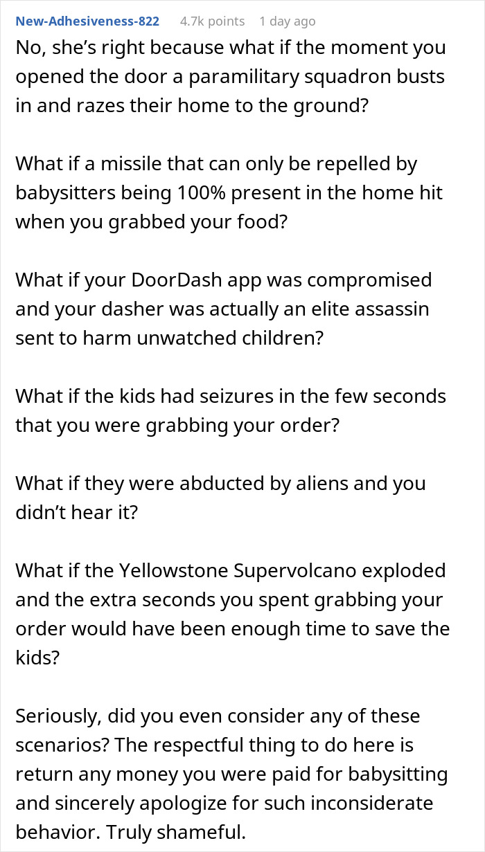 Alt text: Thoughtful overreaction about risks while babysitting and ordering DoorDash illustrating order Doordash while babysitting overreaction Alt text: Thoughtful overreaction about risks while babysitting and ordering DoorDash illustrating order Doordash while babysitting overreaction