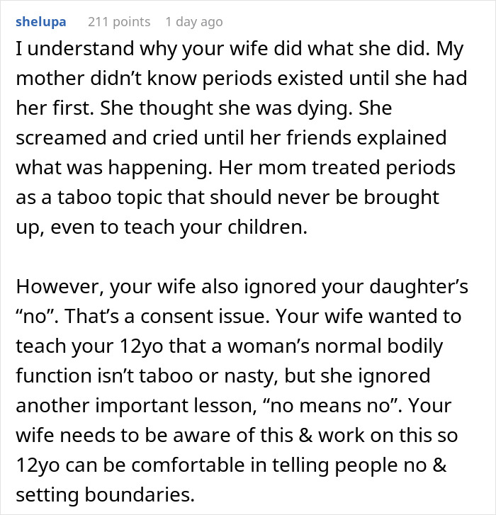 Comment discussing a mom wanting to give her 12-year-old daughter a menstruation celebration while addressing consent issues. - 67
