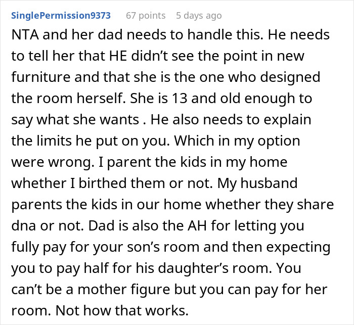 Comment discussing a mom putting more effort into her son's room than her step-daughter’s and parenting challenges. - 30