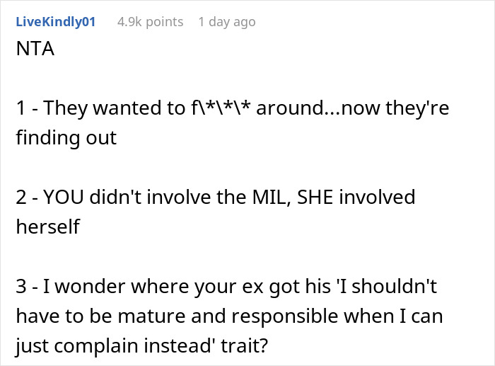 Screenshot of an online comment thread with a mom clapping back at ex’s family over money accusations. - 24