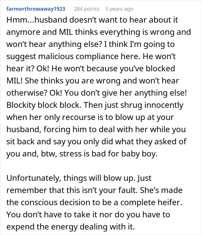 Text from a Reddit comment discussing a mother-in-law screaming at a gender reveal and making it about herself.