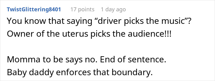 Text comment discussing parental roles and boundaries in the delivery room related to baby DNA and birth decisions. - 24