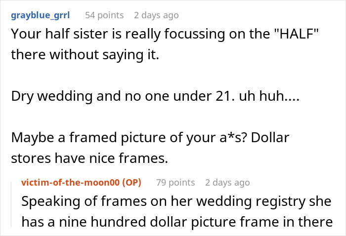 Conversation about woman not inviting half-sister to wedding yet expecting a gift, focusing on family and wedding issues. - 9