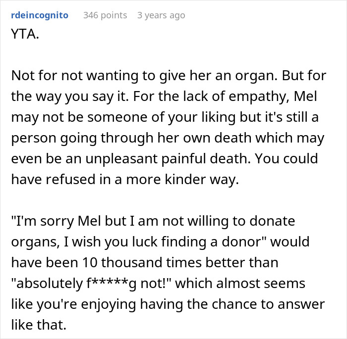 Commenter explains woman refusing to be organ donor for mom's obnoxious bestie with lack of empathy. - 27