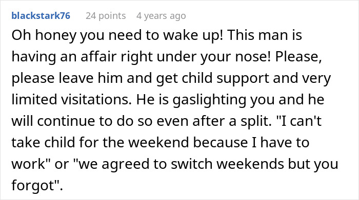 Comment warning about a man canceling plans to go on a cycle trip instead of watching his daughter, discussing gaslighting. Comment warning about a man canceling plans to go on a cycle trip instead of watching his daughter, discussing gaslighting.
