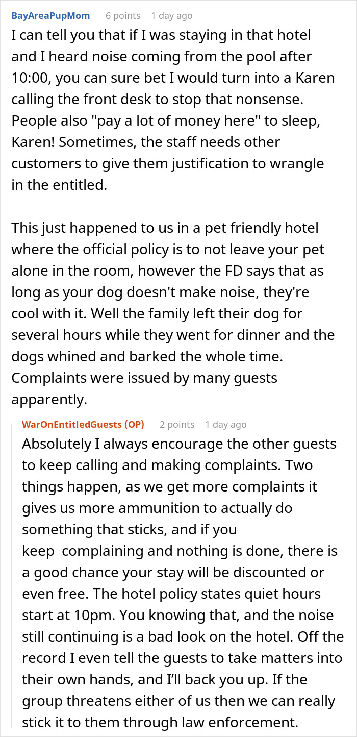 Alt text: Discussion about obnoxious Karen getting her way to use the hotel pool after it has been closed late at night. - 21