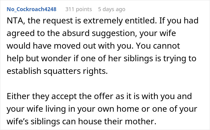 Screenshot of Reddit comment discussing a man buying wife’s childhood home and brother demanding he move out. - 32
