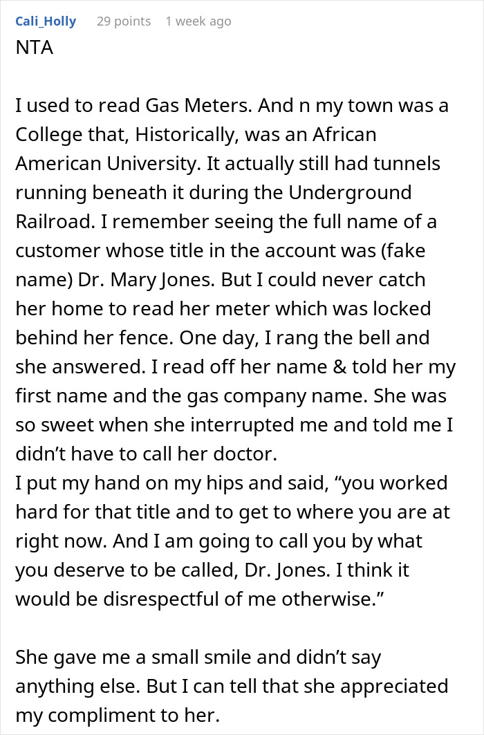 Text excerpt about an aunt with a PhD expecting her family to call her doctor, describing respect for academic titles. - 34