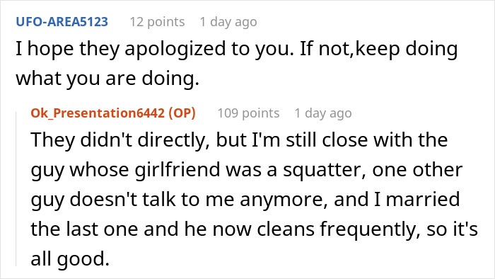 Reddit discussion about college students finally picking up after themselves when their only female roommate gets petty. - 30