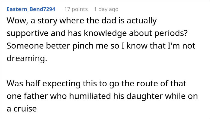 Screenshot of a Reddit comment discussing a dad supportive and knowledgeable about periods in a menstruation celebration story. - 44
