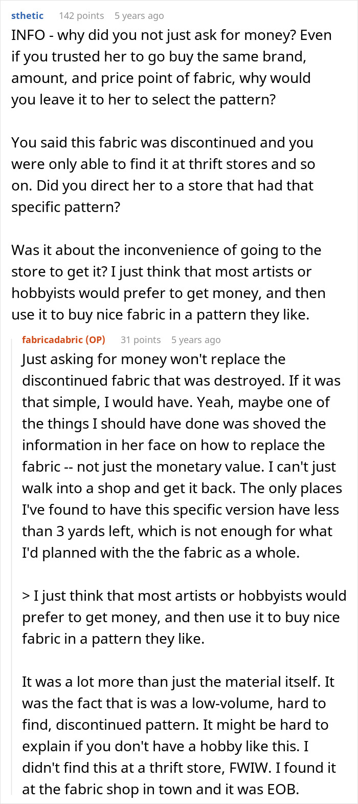 Comment thread discussing a woman’s ruined discontinued fabric and challenges replacing beloved $25/yard fabric. - 31