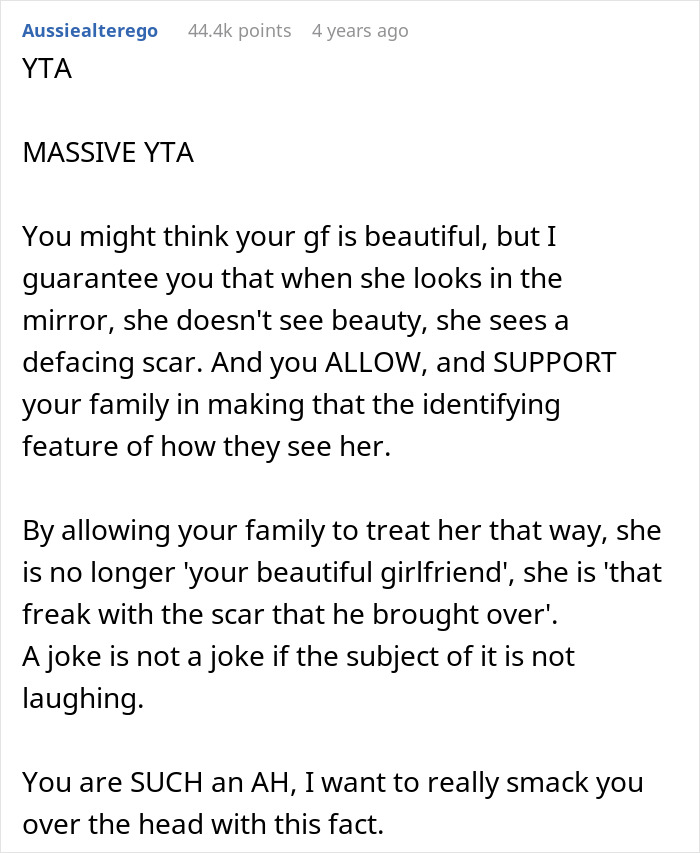 Comment discussing woman walking out on family gathering after boyfriend’s family mocks her scar with a dumb ugly sweater joke. Comment discussing woman walking out on family gathering after boyfriend’s family mocks her scar with a dumb ugly sweater joke.