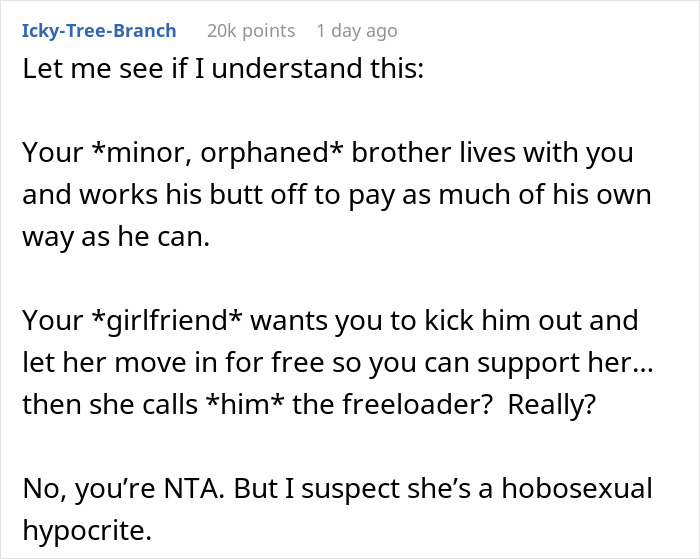 Text post discussing a teen orphan working two jobs and being called a freeloader by brother’s girlfriend.