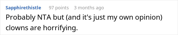 Comment text on a white background showing a user opinion about clowns being horrifying. Comment text on a white background showing a user opinion about clowns being horrifying.