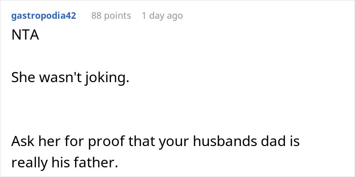 Comment suggesting to ask for delivery room baby DNA proof to confirm the husband's father is really his father. - 17