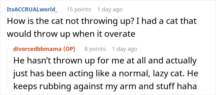 Screenshot of an online conversation about a severely overweight cat and its unusual behavior after overeating. - 29